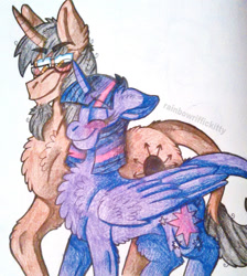 Size: 1024x1141 | Tagged: safe, artist:rainbowriffickitty, discord, twilight sparkle, twilight sparkle (alicorn), alicorn, pony, blushing, chest fluff, discolight, female, male, ponified, shipping, straight, traditional art