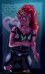 Size: 800x1300 | Tagged: safe, artist:nightmarederpy, tempest shadow, human, my little pony: the movie, alternate hairstyle, armor, broken horn, choker, eye scar, female, horn, horned humanization, humanized, offscreen character, one eye closed, pony coloring, scar, sparking horn, tattoo, wink