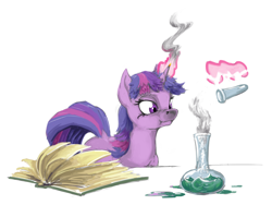 Size: 1100x875 | Tagged: safe, artist:da-exile, twilight sparkle, pony, atg 2017, beaker, book, chemistry, female, horn on fire, mare, newbie artist training grounds, science, simple background, solo