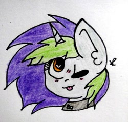 Size: 512x487 | Tagged: safe, artist:viola heartstrings, oc, oc only, oc:frenzy nuke, pony, unicorn, ;p, bust, collar, female, one eye closed, portrait, solo, tongue out, traditional art, wink