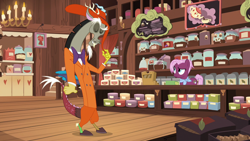 Size: 1280x720 | Tagged: safe, screencap, discord, jasmine leaf, draconequus, earth pony, pony, discordant harmony, duo, female, food, hat, male, mare, store, tea, tea shop, zoot suit