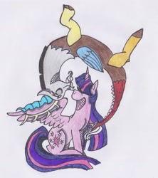 Size: 1906x2144 | Tagged: safe, artist:draw1709, discord, twilight sparkle, twilight sparkle (alicorn), alicorn, pony, discolight, female, male, nuzzling, shipping, sitting, straight, traditional art