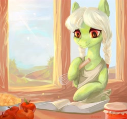 Size: 5848x5472 | Tagged: safe, artist:utauyan, granny smith, pony, absurd resolution, adorasmith, apple, apple pie, book, cute, egg beater, food, pie, young granny smith, younger