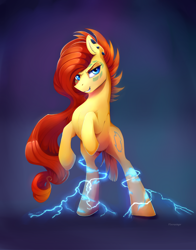 Size: 2292x2917 | Tagged: safe, artist:viwrastupr, oc, oc only, oc:ark bolt, earth pony, pony, ear fluff, ear piercing, electricity, long mane, looking at you, male, piercing, rearing, smiling, solo, stallion
