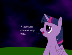 Size: 3316x2552 | Tagged: safe, artist:coldfire, twilight sparkle, twilight sparkle (alicorn), alicorn, pony, dialogue, female, grass, happy birthday mlp:fim, looking up, mare, mlp fim's seventh anniversary, nebula, night, night sky, open mouth, reflection, sitting, sky, solo