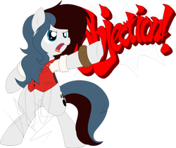 Size: 1280x1081 | Tagged: safe, artist:natusoulsilver, oc, oc only, oc:mira songheart, earth pony, pony, ace attorney, apollo justice, bipedal, clothes, cosplay, costume, female, mare, objection, pointing, simple background, solo, transparent background