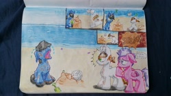 Size: 3264x1836 | Tagged: safe, artist:hilfigirl, oc, oc only, oc:blueboard, oc:endearing chalk, earth pony, pegasus, pony, beach, comic, crying, sand, sandcastle, sports, text, traditional art, unnamed oc, volleyball, water