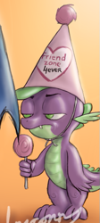 Size: 257x572 | Tagged: safe, artist:cyrilunicorn, spike, dragon, candy, food, friendzone, hat, hello darkness my old friend, lidded eyes, lollipop