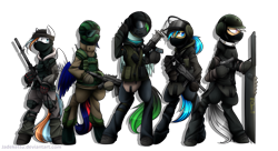 Size: 2200x1200 | Tagged: safe, artist:jadekettu, oc, oc only, oc:doge, oc:gryph xander, oc:katharina märz, oc:sunny shores, oc:waffles, earth pony, pegasus, pony, armor, bipedal, clothes, goggles, group, gun, handgun, helmet, looking at you, military, operator, pistol, rainbow six siege, shield, simple background, transparent background, weapon