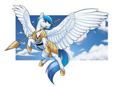 Size: 2000x1426 | Tagged: safe, artist:royvdhel-art, oc, oc only, oc:winterspear, pegasus, pony, armor, female, flying, guard, guardsmare, mare, mouth hold, royal guard, solo, spear, weapon