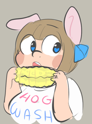 Size: 500x673 | Tagged: safe, artist:mt, oc, oc only, oc:honey, satyr, corn, eating, food, implied bestiality, offspring, parent:piggington, wingding eyes