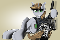 Size: 4500x3000 | Tagged: safe, artist:raptorpwn3, oc, oc only, oc:littlepip, pony, unicorn, fallout equestria, assault rifle, clothes, cute, dock, fanfic, fanfic art, female, gradient background, gun, hooves, horn, jacket, mare, optical sight, pinup, pipbuck, rifle, scope, smiling, solo, teeth, vault suit, weapon, zebra rifle