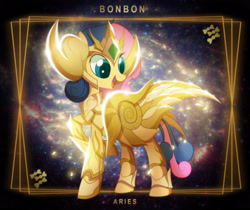 Size: 3840x3232 | Tagged: safe, artist:zidanemina, bon bon, sweetie drops, earth pony, pony, aries, armor, crossover, female, god cloth, helmet, mare, raised hoof, saint seiya, solo, zodiac