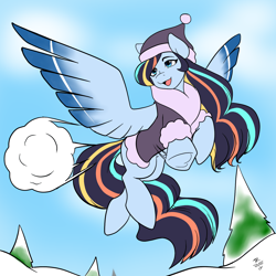 Size: 1440x1440 | Tagged: safe, artist:tabula-rasa, oc, oc only, oc:neon winds, pegasus, pony, clothes, colored wings, female, flying, gradient wings, jacket, snow, snowball, solo, throwing, winter, winter outfit