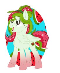 Size: 1241x1517 | Tagged: safe, artist:girlpowergeneration, oc, oc only, oc:watermelana, pony, food, freckles, gradient hooves, simple background, solo, transparent background, watermelon