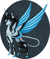 Size: 2052x2400 | Tagged: safe, artist:australian-senior, oc, oc only, oc:asriel elafris, alicorn, pony, alternate universe, colored hooves, colored wings, colored wingtips, doug rattmann, hair bun, kirindos, leonine tail, piebald colouring, portal, portal (valve), portal 2, solo