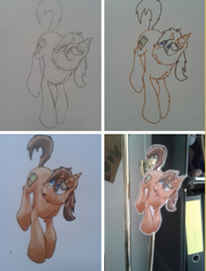 Size: 624x819 | Tagged: safe, artist:hilfigirl, oc, oc only, oc:heavy weight, unicorn, hanging, lineart, sketch, solo, traditional art