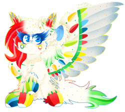 Size: 1024x917 | Tagged: safe, artist:vanillaswirl6, oc, oc only, oc:angel rose, pegasus, pony, :<, bow, chest fluff, chibi, colored eyelashes, colored pupils, commission, cute, ear fluff, female, flower, flower in hair, fluffy, hair bow, hoof fluff, looking at you, mare, ponytail, rainbow power, rainbow power-ified, rainbow sprinkles, raised hoof, rose, scrunchy face, signature, simple background, sitting, solo, sparkles, spread wings, transparent background