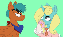 Size: 3060x1790 | Tagged: safe, artist:robiinart, oc, oc only, oc:seafoam breeze, oc:walnuts, pony, commission, donut, food, tongue out