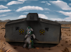 Size: 3509x2550 | Tagged: safe, artist:pridark, oc, oc only, pony, unicorn, a7v, bipedal, clothes, commission, goggles, male, scarf, scenery, tank (vehicle)