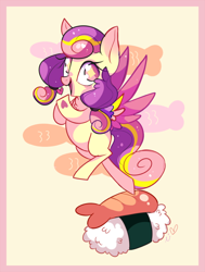 Size: 600x792 | Tagged: safe, artist:ipun, oc, oc only, oc:lulu, pegasus, pony, female, food, heart, heart eyes, mare, solo, sushi, wingding eyes