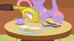 Size: 1280x720 | Tagged: safe, screencap, discord, discordant harmony, carrot-ginger sandwich, cup, food, sandwich, sandwich crust, solo, table, teacup, teapot