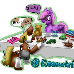 Size: 512x512 | Tagged: safe, artist:hilfigirl, oc, oc only, oc:pawprint, earth pony, pegasus, pony, flea market, random pony, table, telegram sticker, text, unnamed oc