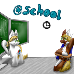 Size: 512x512 | Tagged: safe, artist:hilfigirl, oc, oc only, oc:endearing chalk, oc:pawprint, earth pony, pony, chalkboard, clock, school, sitting, teacher, telegram sticker, text