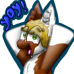 Size: 512x512 | Tagged: safe, artist:hilfigirl, oc, oc only, oc:pawprint, earth pony, pony, happy, solo, telegram sticker, text, yay