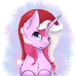 Size: 768x768 | Tagged: safe, artist:lilrandum, edit, oc, oc only, oc:honningbrew, unicorn, bust, christmas, hat, holiday, horn, santa hat, smiling, solo, ych result