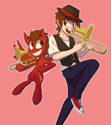 Size: 1500x1700 | Tagged: safe, artist:malphee, oc, oc only, oc:slide fortissimo, human, pegasus, pony, clothes, converse, fedora, hat, human ponidox, humanized, male, red background, self ponidox, shoes, simple background, sneakers, stallion, trombone