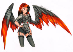 Size: 1024x729 | Tagged: safe, artist:divinekitten, oc, oc only, oc:amy amulet, human, clothes, female, garter belt, humanized, looking at you, red eyes, shirt, simple background, solo, winged humanization, wings