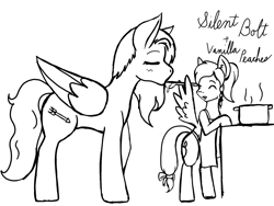 Size: 1200x900 | Tagged: safe, artist:taletrotter, oc, oc only, oc:silent bolt, oc:vanilla peaches, pony, fallout equestria, apron, clothes, female, lineart, male, sketch