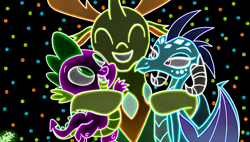 Size: 1600x909 | Tagged: safe, artist:liniitadash23, dragon lord ember, princess ember, spike, thorax, changedling, changeling, dragon, triple threat, dragoness, eyes closed, female, hug, king thorax, smiling, trio