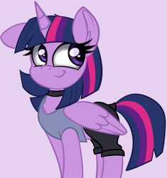 Size: 1203x1280 | Tagged: safe, artist:duop-qoub, artist:pastelhorses, twilight sparkle, twilight sparkle (alicorn), alicorn, pony, collaboration, clothes, collar, cute, female, mare, pants, shirt, simple background, solo, twiabetes