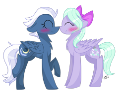 Size: 2200x1700 | Tagged: safe, artist:thepegasisterpony, flitter, night glider, pegasus, pony, blushing, bow, crack shipping, eyes closed, female, hair bow, lesbian, mare, nightflitter, shipping, simple background, transparent background