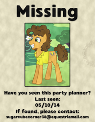 Size: 1477x1900 | Tagged: safe, cheese sandwich, pony, pinkie pride, hilarious in hindsight, it happened, missing, poster, wanted poster