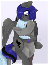 Size: 1900x2500 | Tagged: safe, artist:ritter, oc, oc only, oc:dethmount, oc:flevie, pegasus, pony, cute, hug, ponies riding ponies