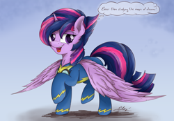 Size: 3030x2125 | Tagged: safe, artist:check3256, twilight sparkle, twilight sparkle (alicorn), alicorn, pony, alternate hairstyle, clothes, female, looking at you, mare, punklight sparkle, simple background, solo, uniform, wonderbolts uniform