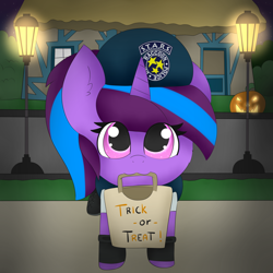 Size: 1280x1280 | Tagged: safe, artist:pegamutt, oc, oc only, oc:lavender sundown, unicorn, female, filly, halloween, holiday, resident evil, solo, trick or treat