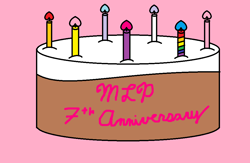 Size: 1000x650 | Tagged: safe, artist:lorddusk2014, derpibooru exclusive, 1000 hours in ms paint, cake, food, happy birthday mlp:fim, mlp fim's seventh anniversary, no pony, pink background, simple background