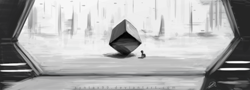 Size: 4000x1440 | Tagged: safe, artist:syntaxartz, oc, oc only, pony, atmospheric, cube, futuristic, monochrome, painting