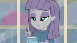 Size: 1920x1080 | Tagged: safe, edit, edited screencap, screencap, maud pie, better together, equestria girls, school of rock, book, happy, inverted mouth, smiling, solo