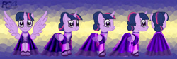 Size: 3600x1200 | Tagged: safe, artist:kelseyleah, twilight sparkle, twilight sparkle (alicorn), alicorn, pony, clothes, dress, solo, spread wings, turnaround, wings