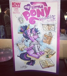 Size: 1080x1224 | Tagged: safe, artist:katiecandraw, idw, twilight sparkle, twilight sparkle (alicorn), alicorn, book, comic cover, magic, smiling, traditional art