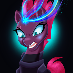 Size: 2224x2224 | Tagged: safe, artist:mlp-firefox5013, tempest shadow, my little pony: the movie, angry, armor, black background, broken horn, female, open mouth, simple background, solo