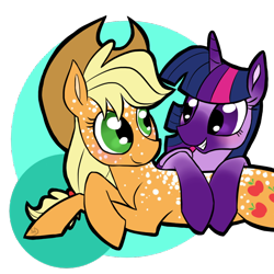 Size: 1000x1000 | Tagged: safe, artist:sallindaemon, applejack, twilight sparkle, twilight sparkle (alicorn), alicorn, earth pony, pony, alternate design, body freckles, female, freckles, hat, lesbian, mare, prone, shipping, simple background, transparent background, twijack