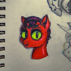 Size: 1878x1878 | Tagged: safe, artist:kamorkakat, cat pony, demon pony, original species, pony, unicorn, bust, cat ears, cat eyes, drawing, green eyes, head, heck, marker drawing, paper, pencil drawing, portrait, slit eyes, traditional art