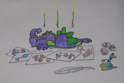 Size: 1132x766 | Tagged: safe, artist:hillbe, spike, dragon, atg 2017, drawing, lying down, newbie artist training grounds, quill, solo, traditional art