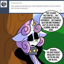 Size: 576x576 | Tagged: safe, artist:pembroke, sweetie belle, pony, ask, ask meanie belle, big red macintosh, horn piercing, meanie belle, nose piercing, nose ring, piercing, solo, speech bubble, tumblr